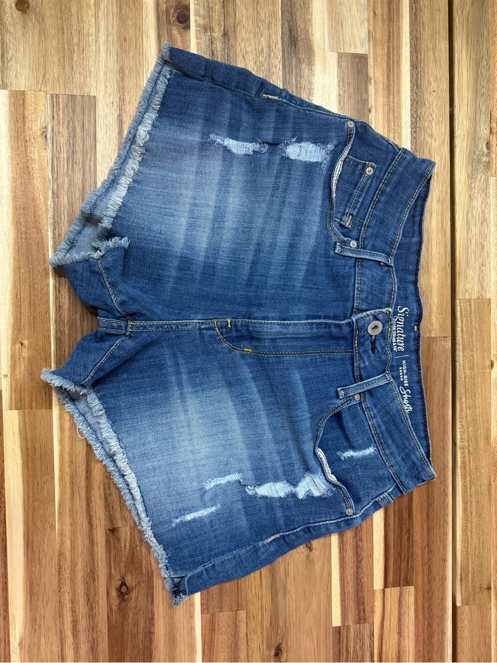 Signature Distressed Mid-Blue Denim Jean Shorts